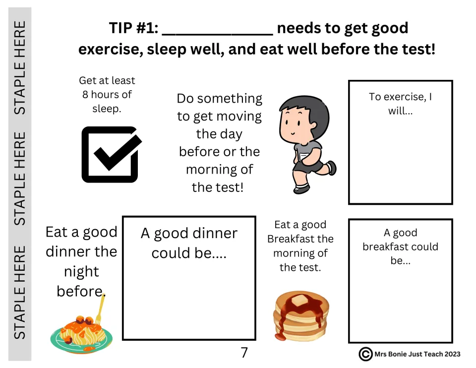 Testing social story page 7: tip 1 covers sleep, exercise, and meals, with prompts to plan movement and food