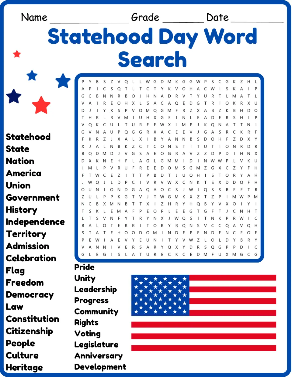 Statehood Day vocabulary puzzle in color: students find 30 civic words such as Union, Territory and Admission
