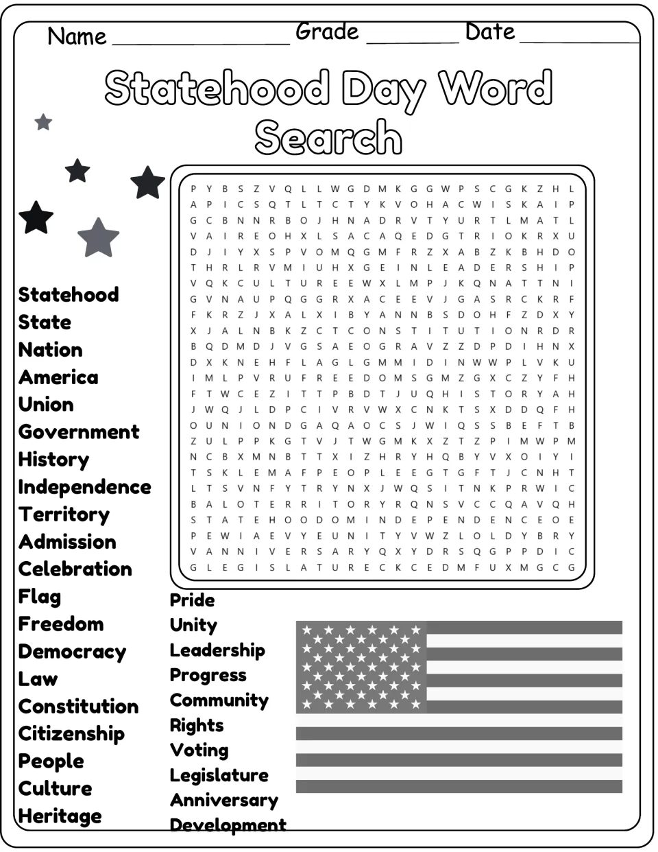 Black-and-white version of the Statehood Day puzzle: locate Constitution, Voting, Legislature and 27 more words
