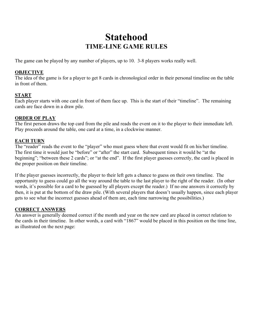 Statehood game rules explain the eight-card objective, starting card, clockwise turns, and correct guesses.