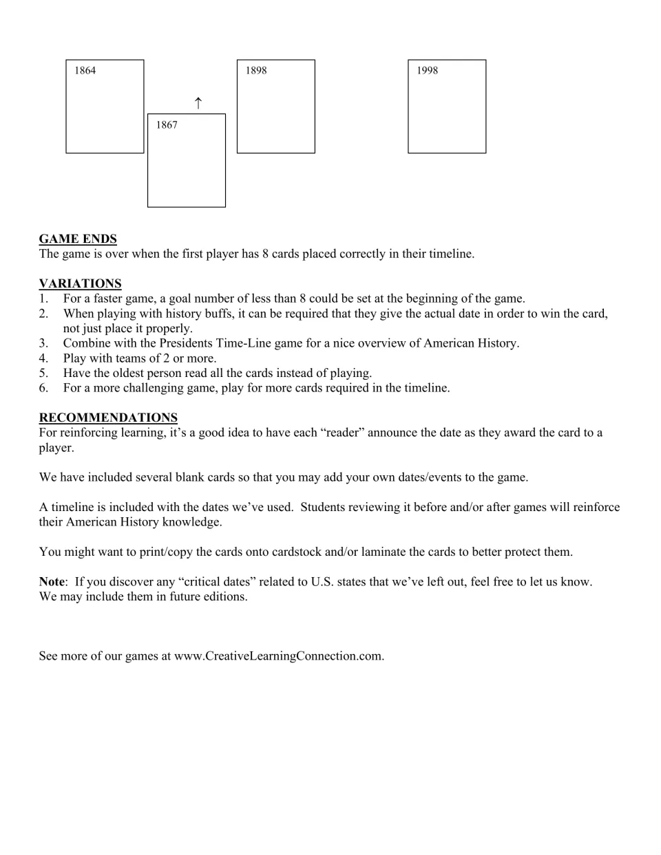 Statehood game rules show where 1867 fits in a timeline, how to win, six variations, and card preparation tips.
