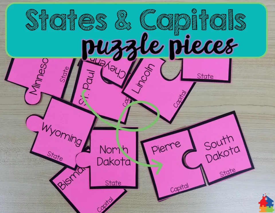 States & Capitals puzzle pieces cover: pink cut-out cards showing Pierre joined to South Dakota, plus Wyoming and Lincoln