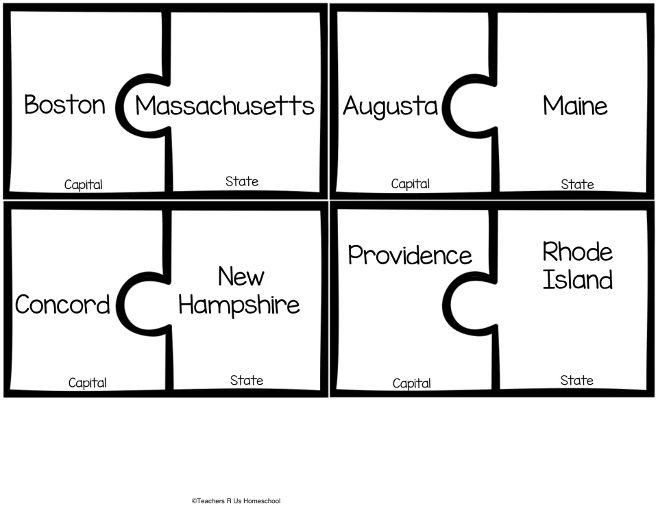 New England capitals: students cut and match puzzle pieces pairing Boston, Augusta, Concord and Providence to their states