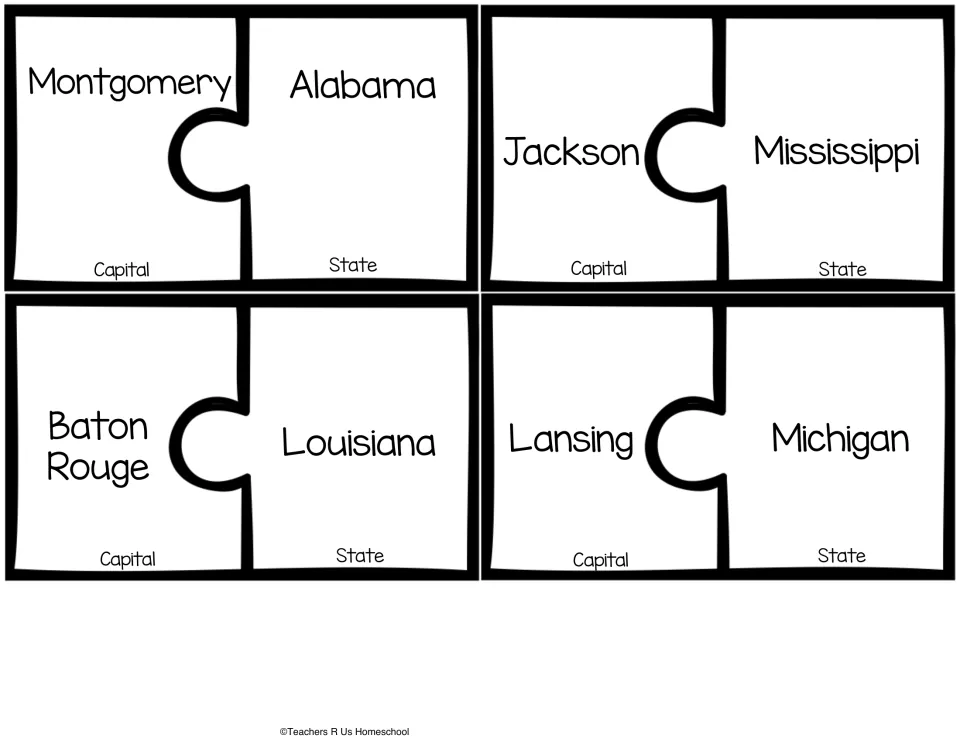 Capitals of Alabama, Mississippi, Louisiana and Michigan: students match Montgomery, Jackson, Baton Rouge and Lansing
