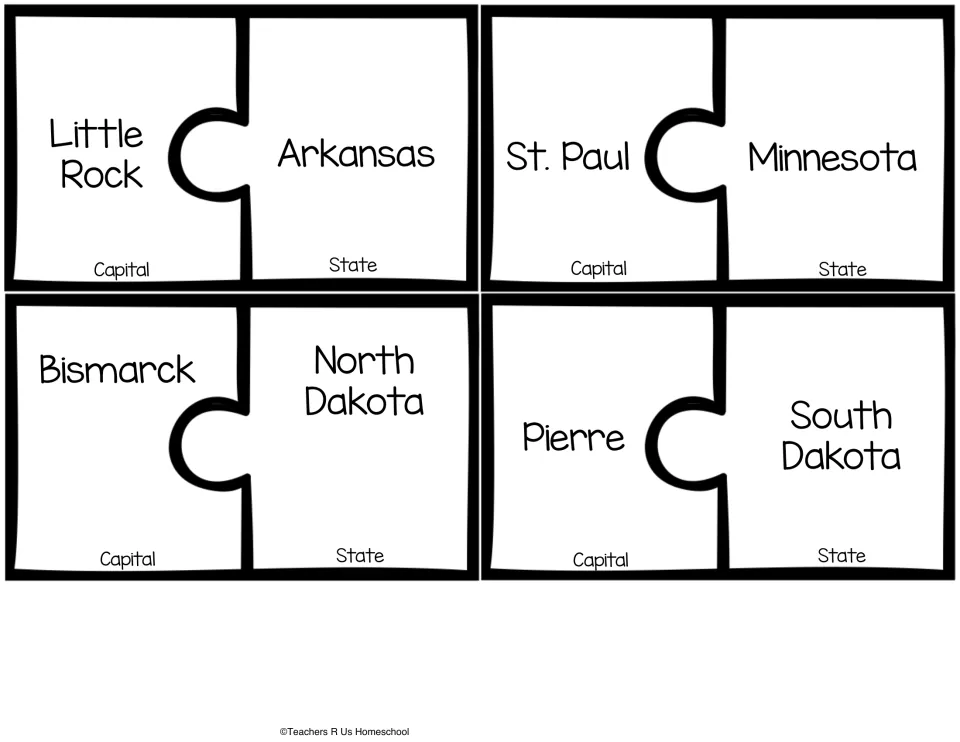 Capitals: students fit Little Rock, St. Paul, Bismarck and Pierre pieces to Arkansas, Minnesota and the two Dakotas