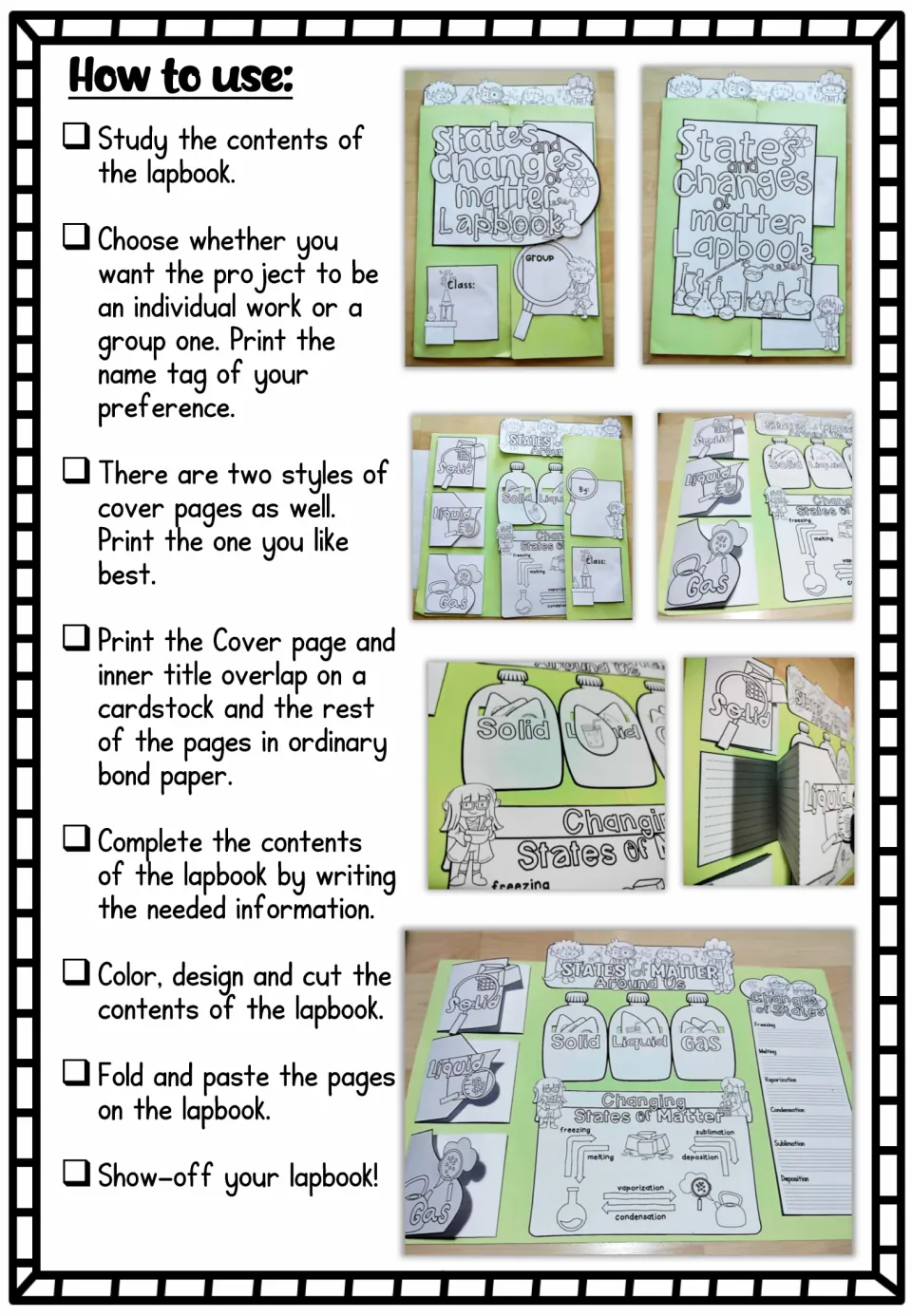 How to use: eight steps for building the lapbook, from choosing a name tag to folding, pasting and showing it off