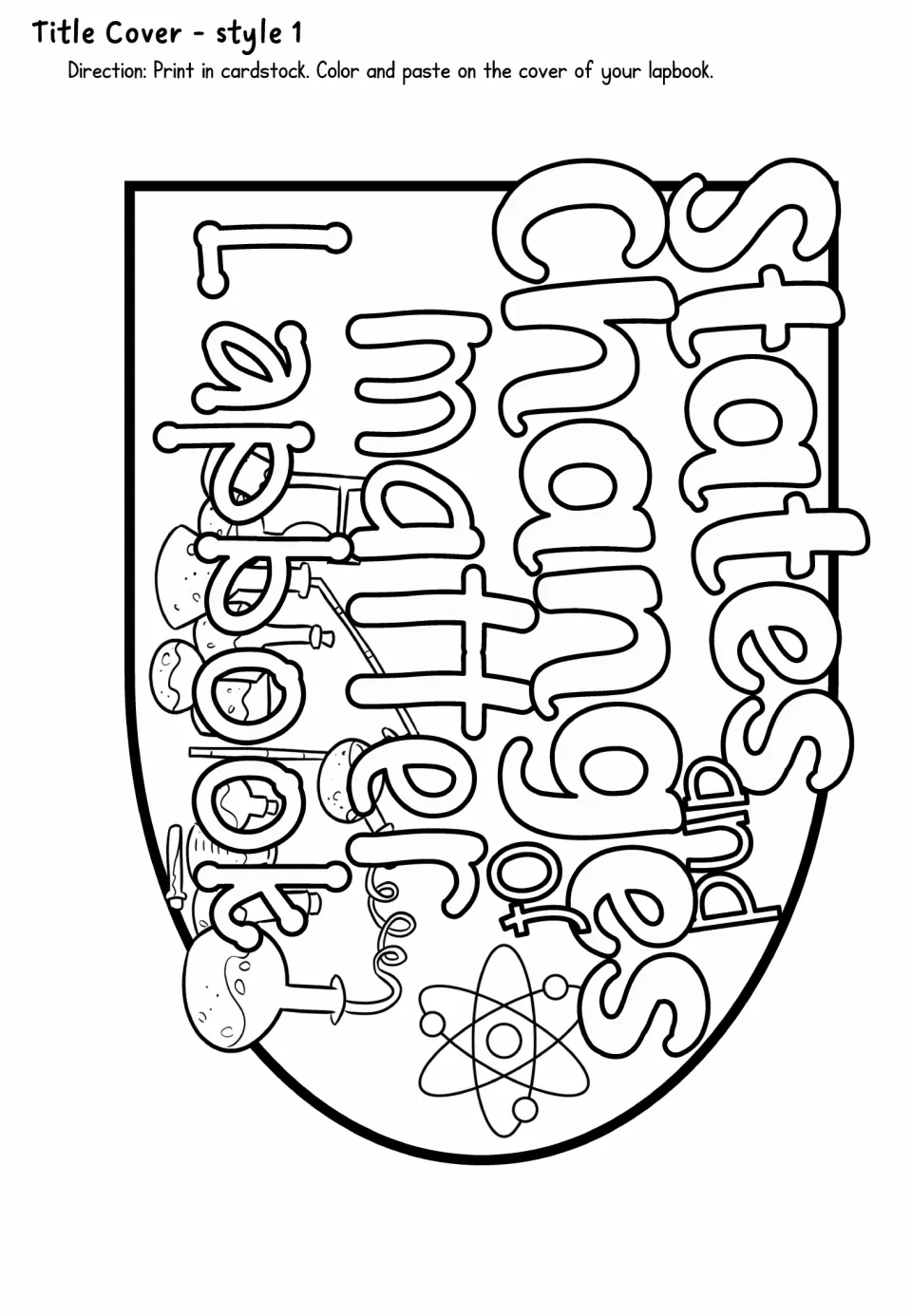 Title cover style 1: shield-shaped title piece with atom and flask drawings to color and paste on the lapbook cover