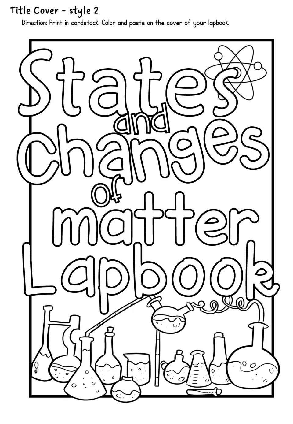 Title cover style 2: rectangular title piece with lab glassware drawings to print on cardstock, color and paste