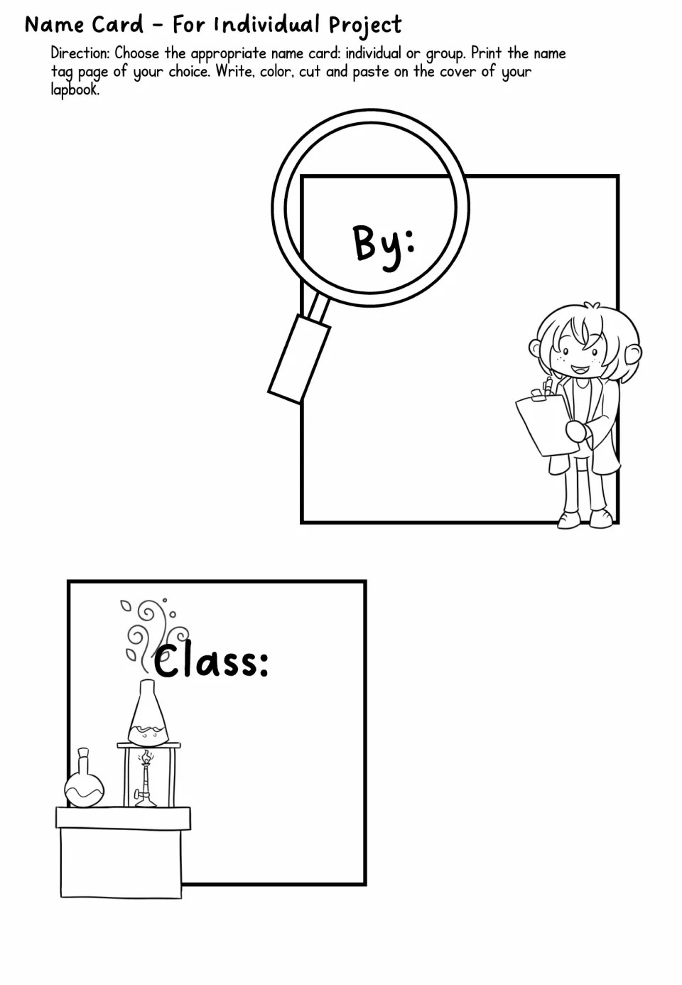 Name card for an individual project: By and Class labels beside a magnifying glass and scientist to write in and cut