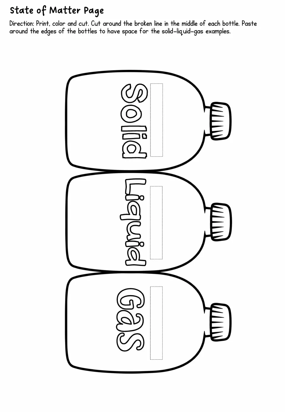 Solid, liquid and gas bottles: students cut a slit in each labeled bottle to make pockets for sorting matter examples