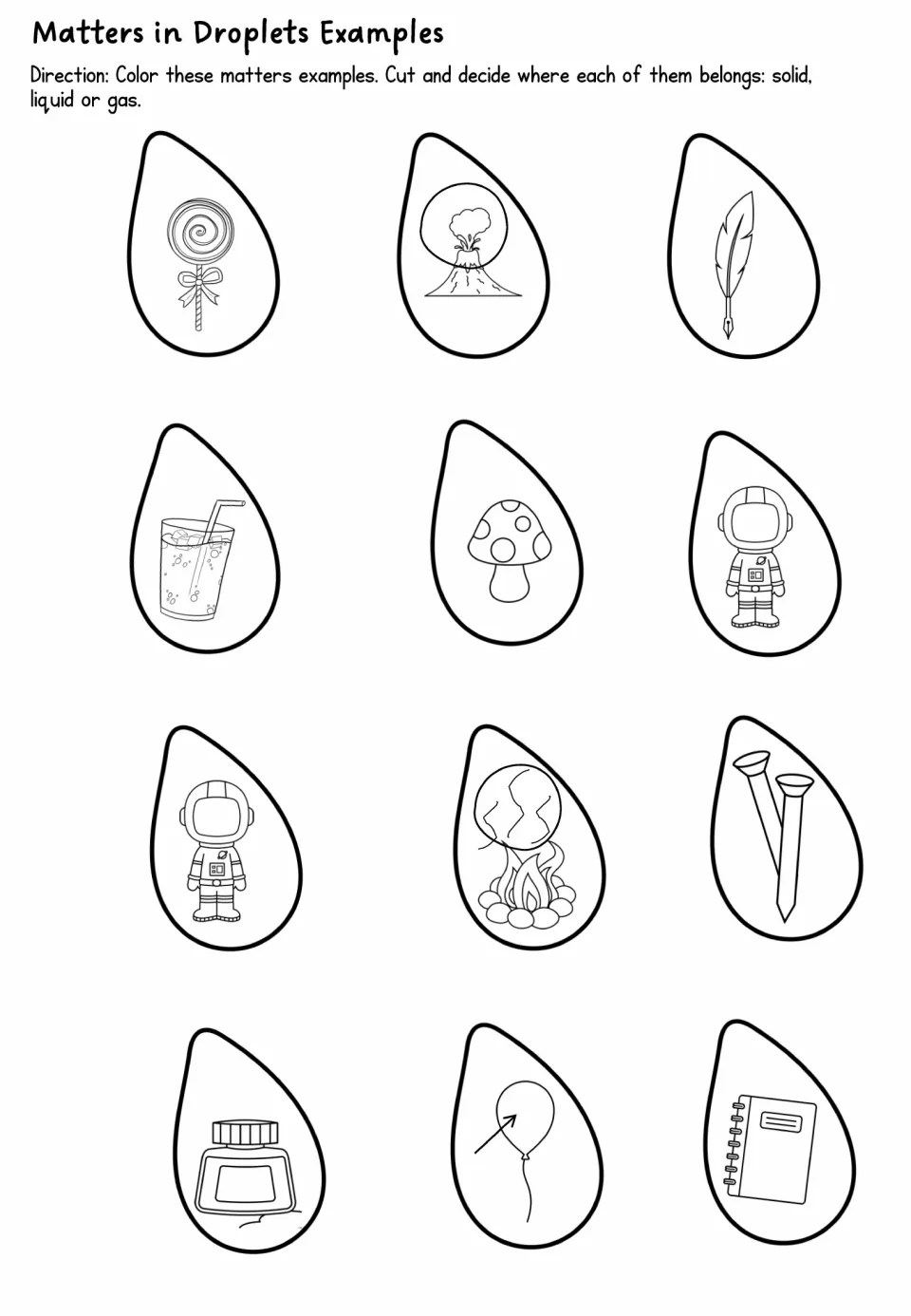 Matter sort cut-outs: 12 droplet cards such as a lollipop, volcano, feather, nails and balloon for solid, liquid or gas