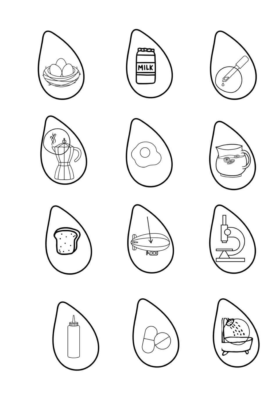 More droplet cards to classify as solid, liquid or gas: eggs, milk, a dropper, bread, a blimp, pills and a shower