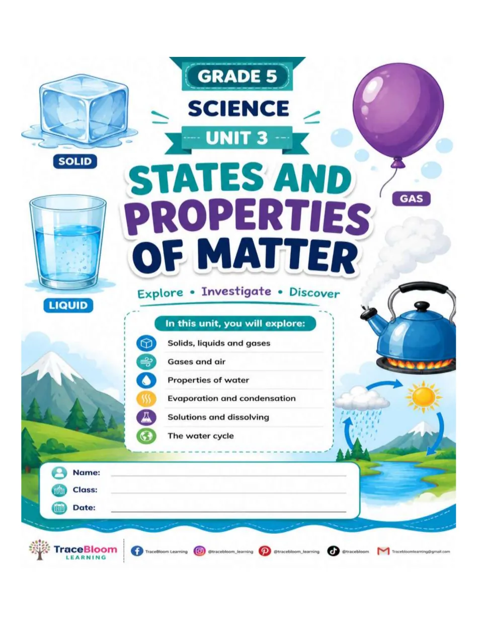 Grade 5 science workbook cover introducing solids, liquids, gases, water, solutions, and the water cycle