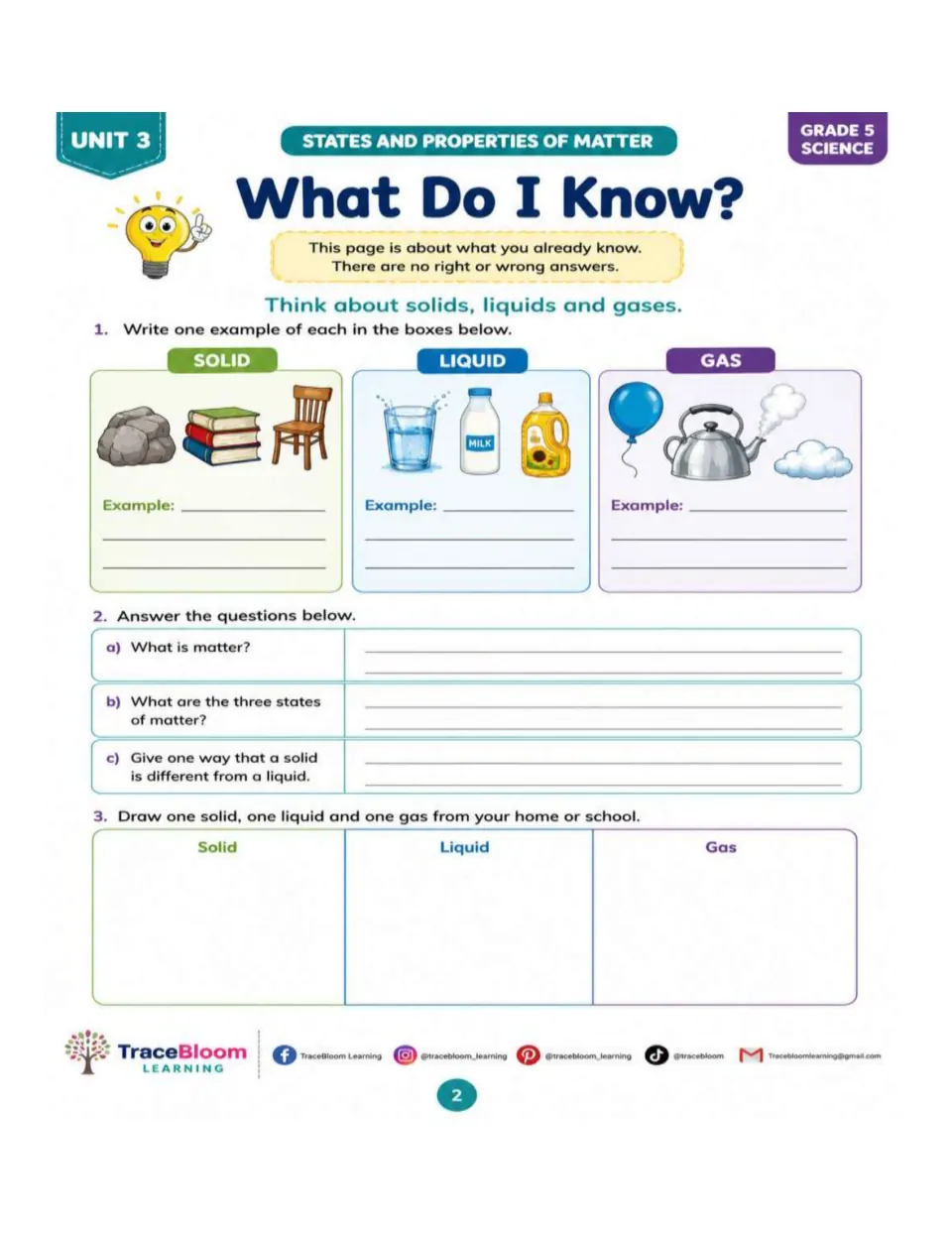 Prior knowledge activity asking for solid, liquid, and gas examples, a definition of matter, and drawings