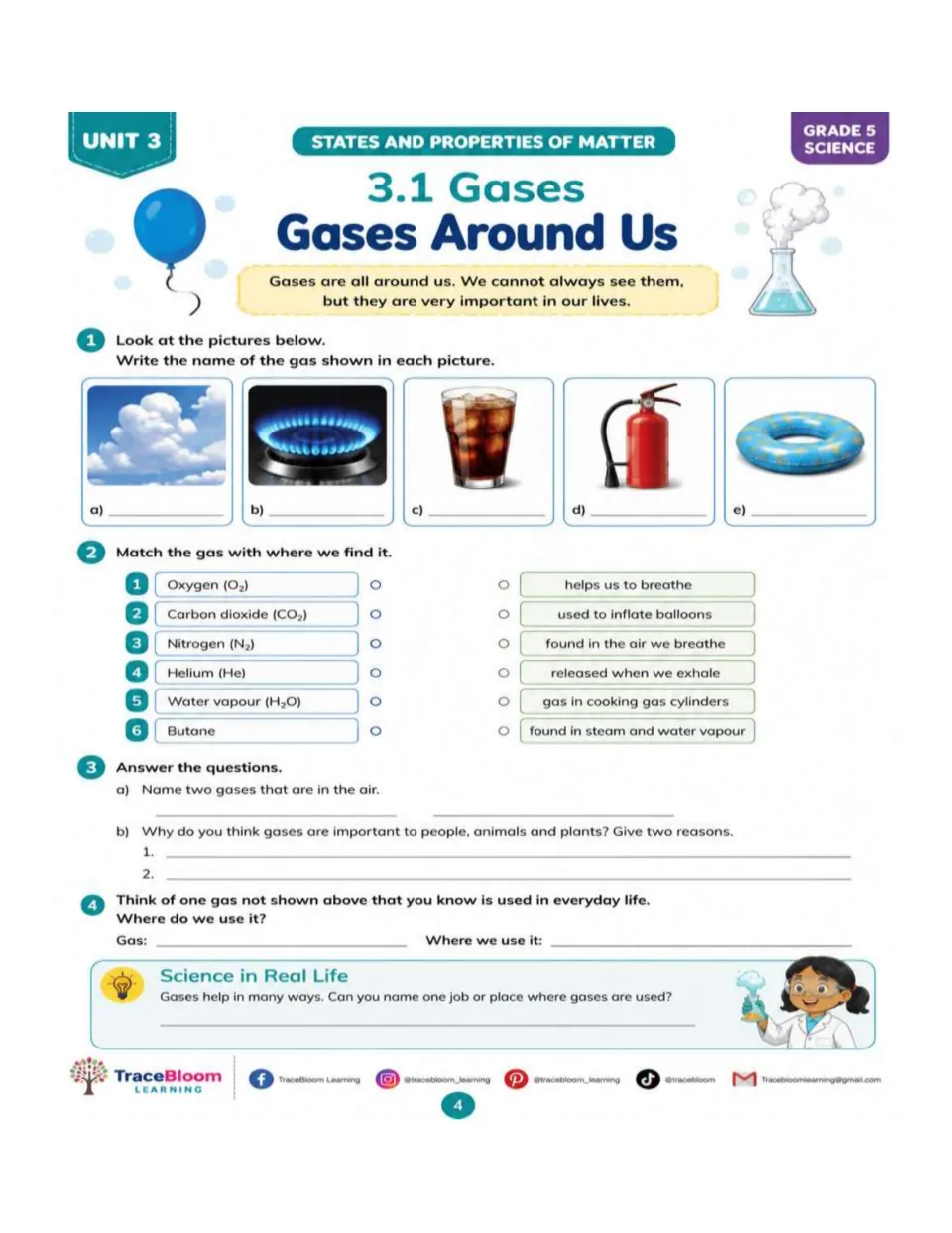 Gases Around Us activity identifying gases in pictures and matching six named gases to everyday uses