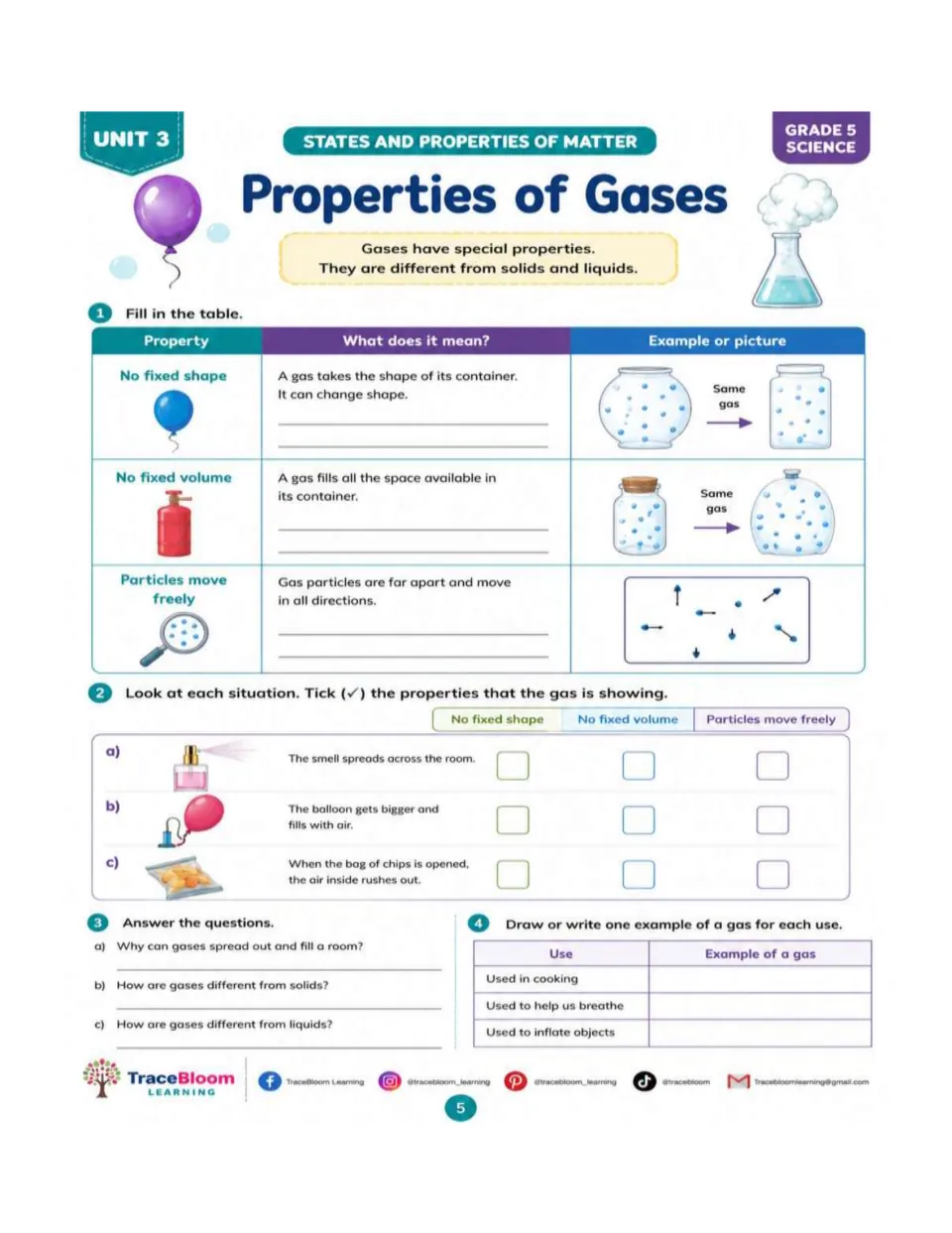 Properties of Gases activity on no fixed shape, no fixed volume, and freely moving particles, with examples