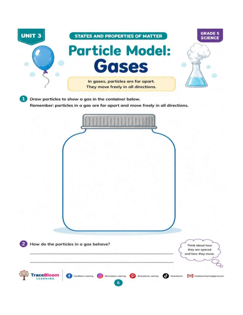 Particle Model: Gases activity asking students to draw particles inside a jar and explain their behavior