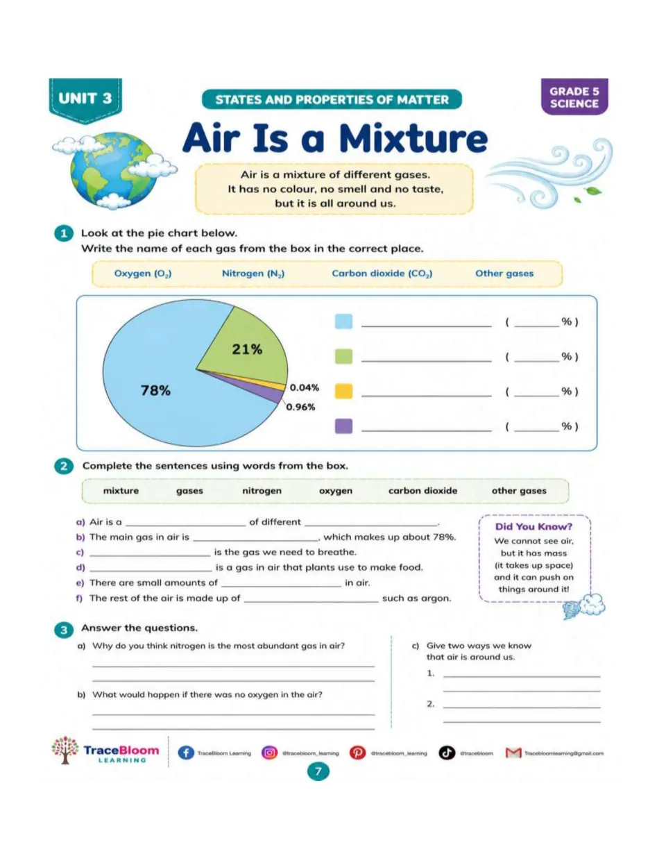 Air Is a Mixture activity labeling a gas composition pie chart showing 78%, 21%, 0.04%, and 0.96%