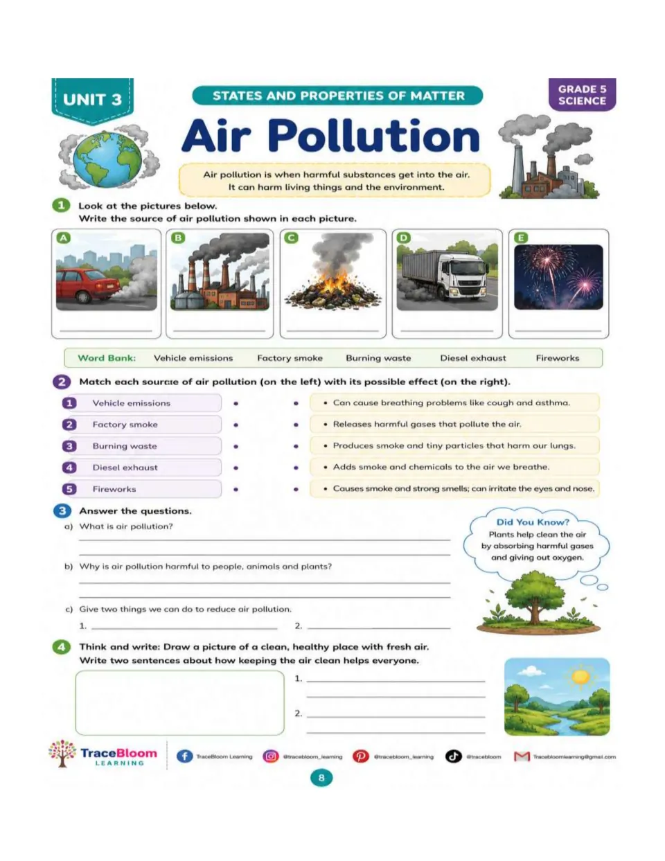 Air Pollution activity identifying five pollution sources, matching effects, and writing ways to reduce pollution