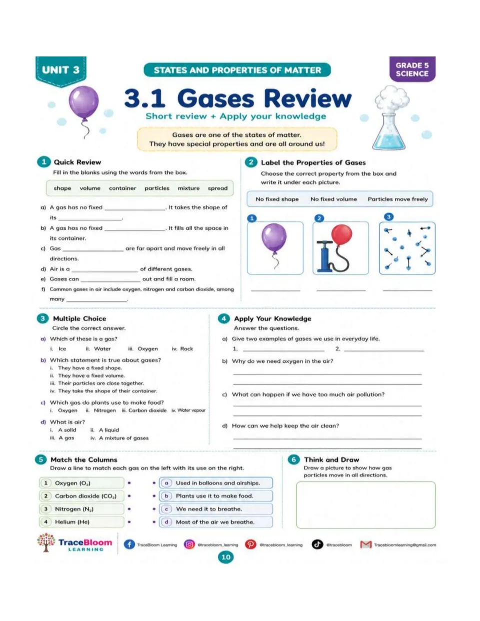 Gases Review combining fill-in-the-blank, labeling, multiple-choice, matching, and particle drawing tasks