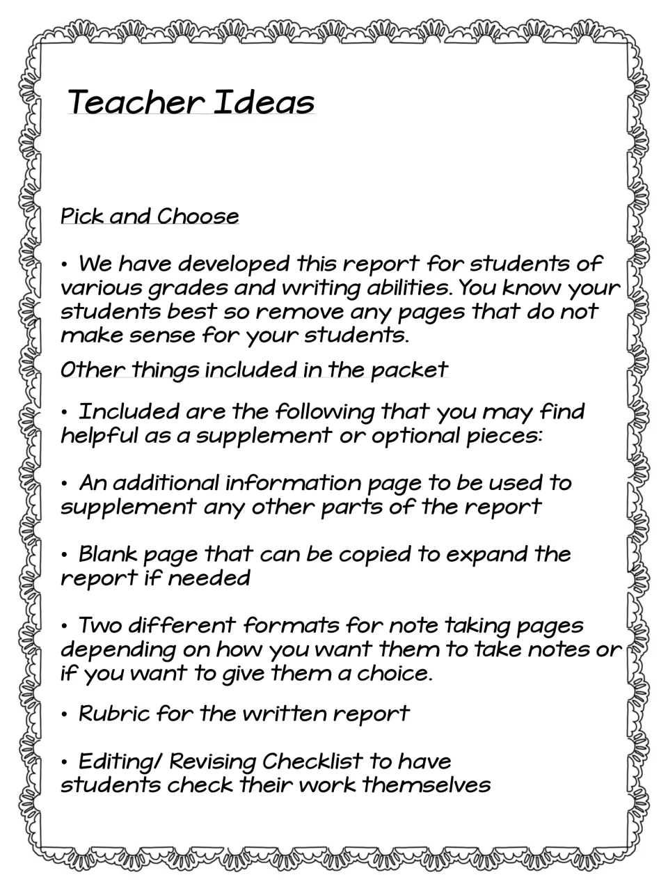 Teacher guidance for the matter report: choosing pages, note-taking options, a rubric, and an editing checklist
