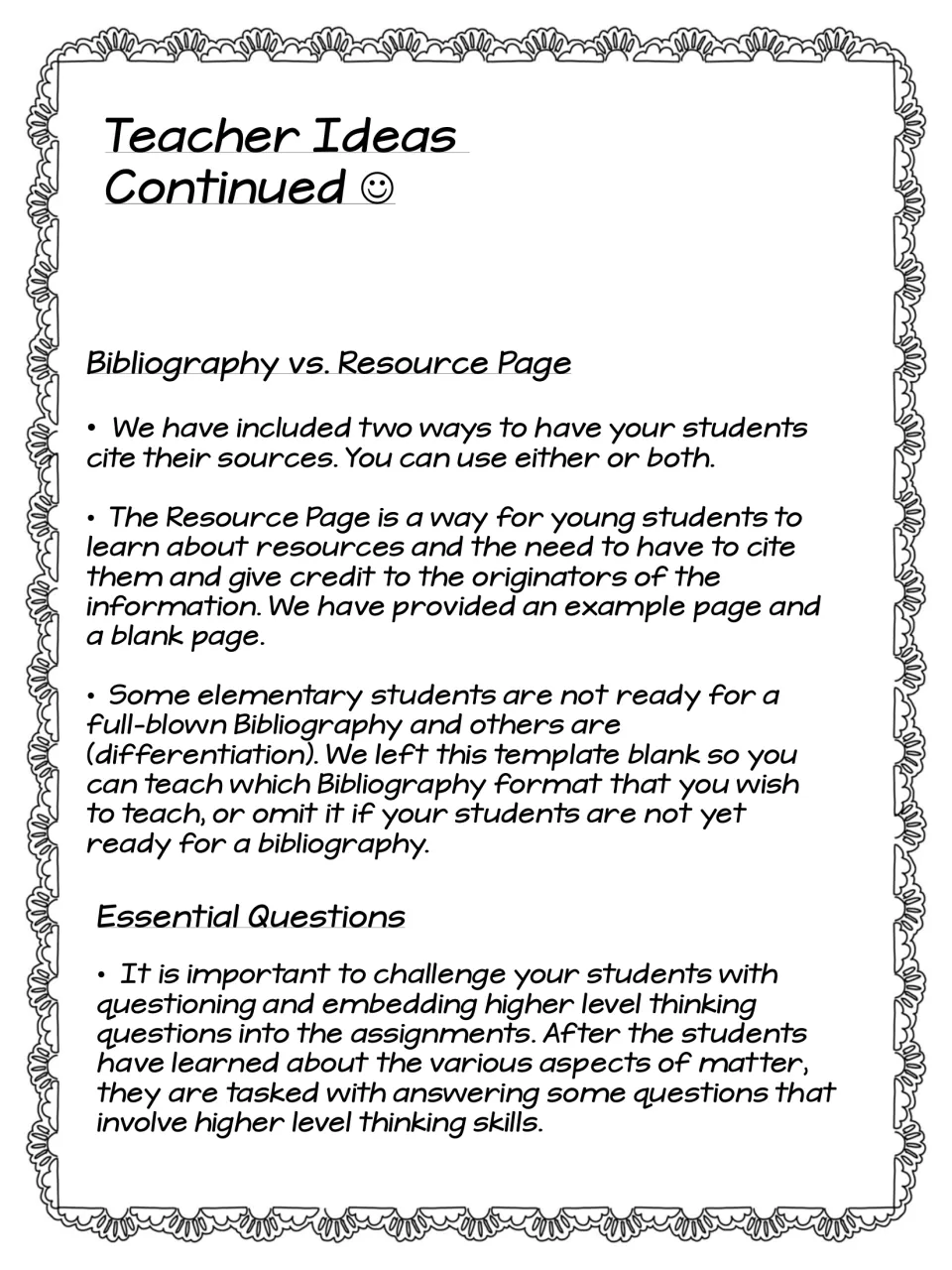 Teacher guidance for the matter report explains resource pages, bibliography options, and essential questions