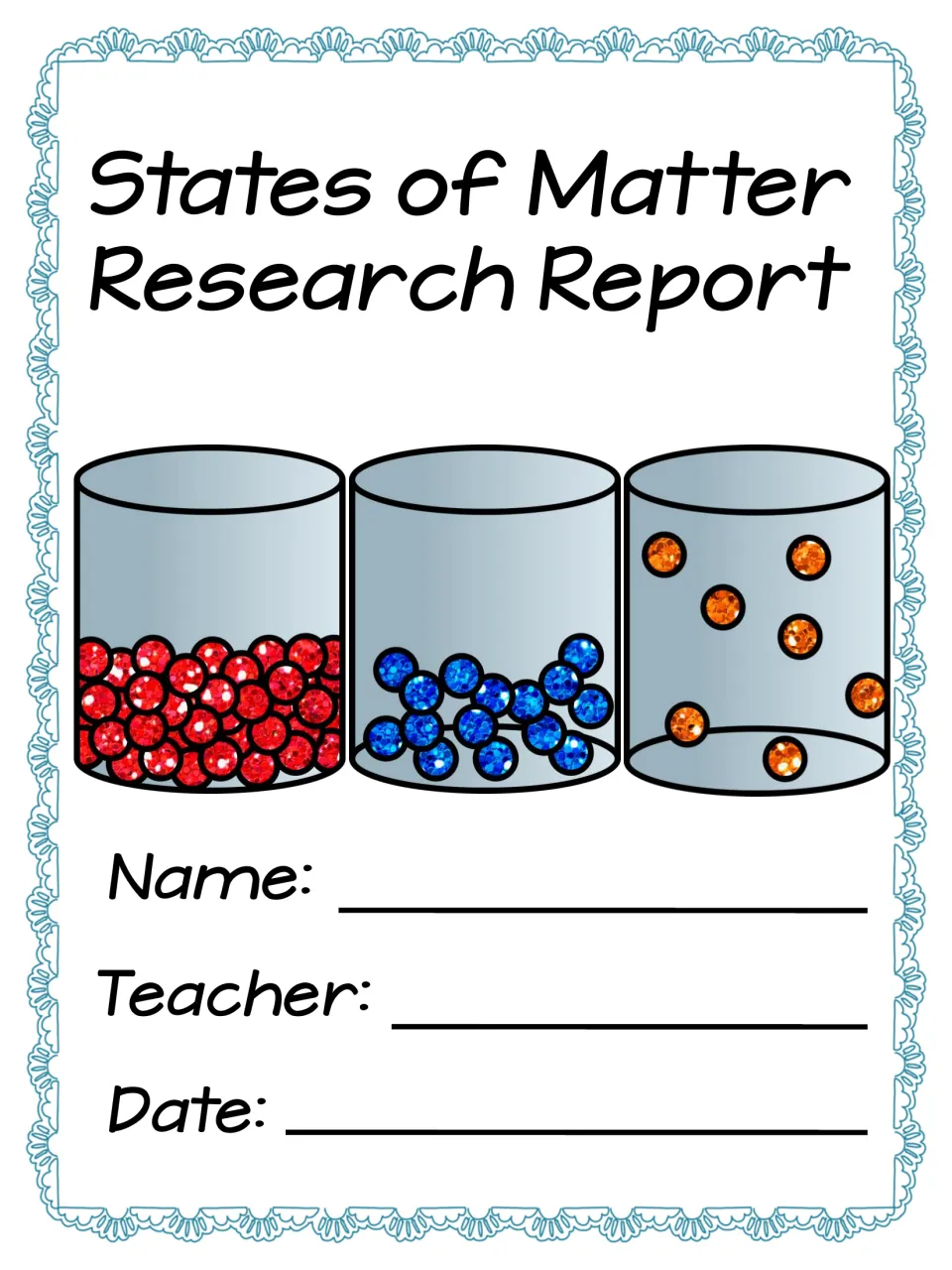 Color cover for the matter research report shows three particle diagrams and asks for name, teacher, and date