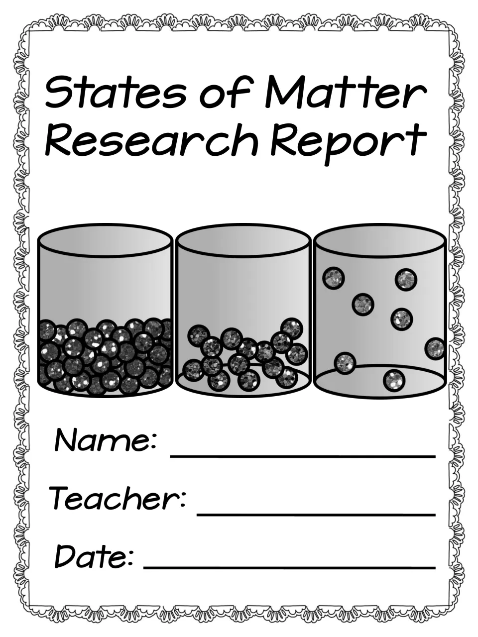 Grayscale cover for the matter research report has three particle diagrams and name, teacher, and date prompts