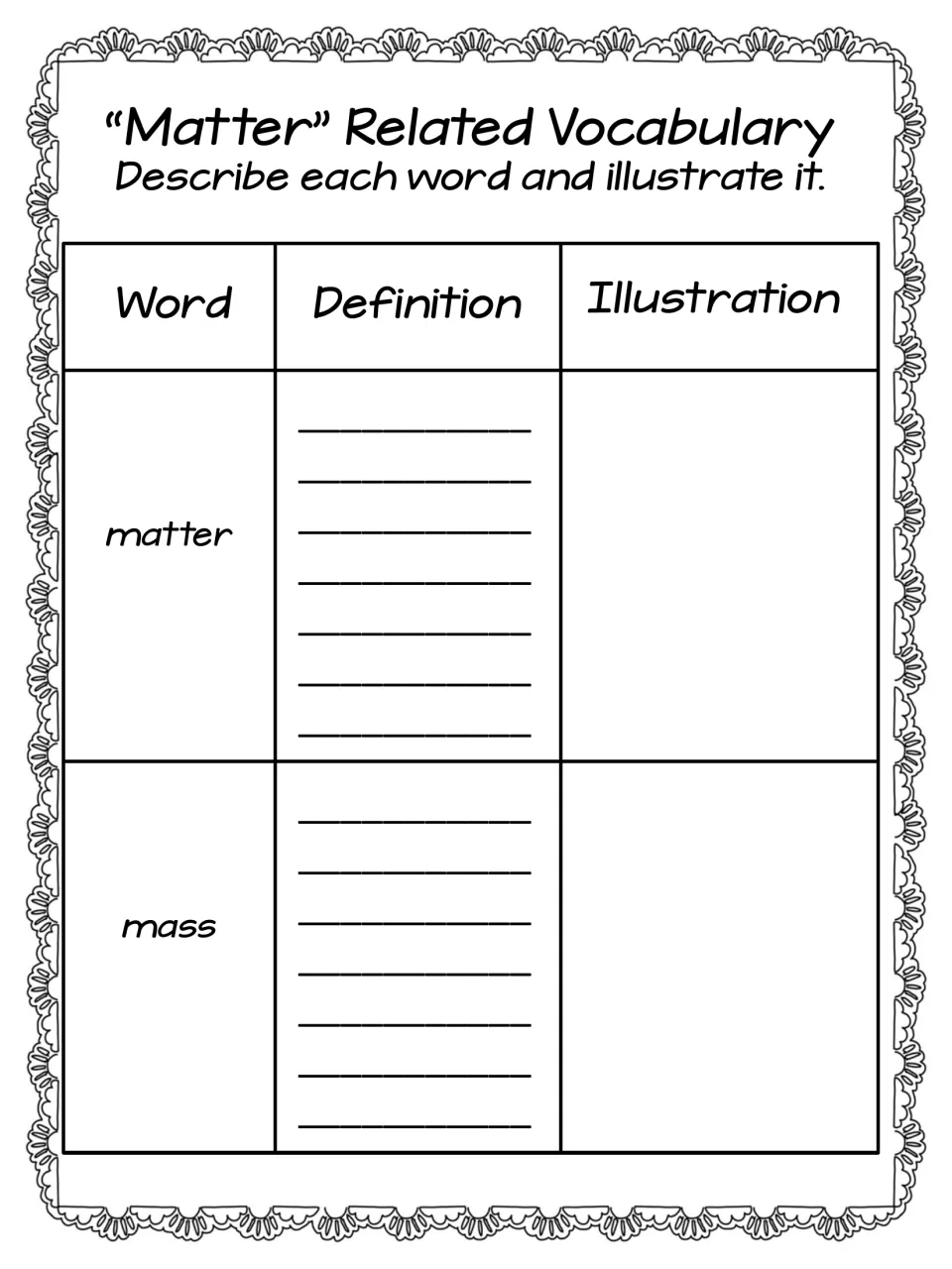 Matter report vocabulary page asks students to describe and illustrate the two science terms matter and mass