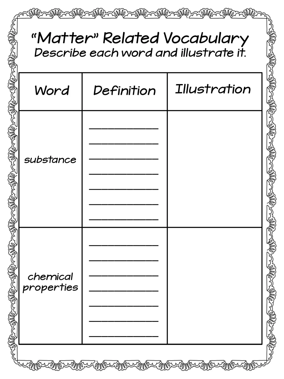 Matter report vocabulary page asks students to define and illustrate the terms substance and chemical properties