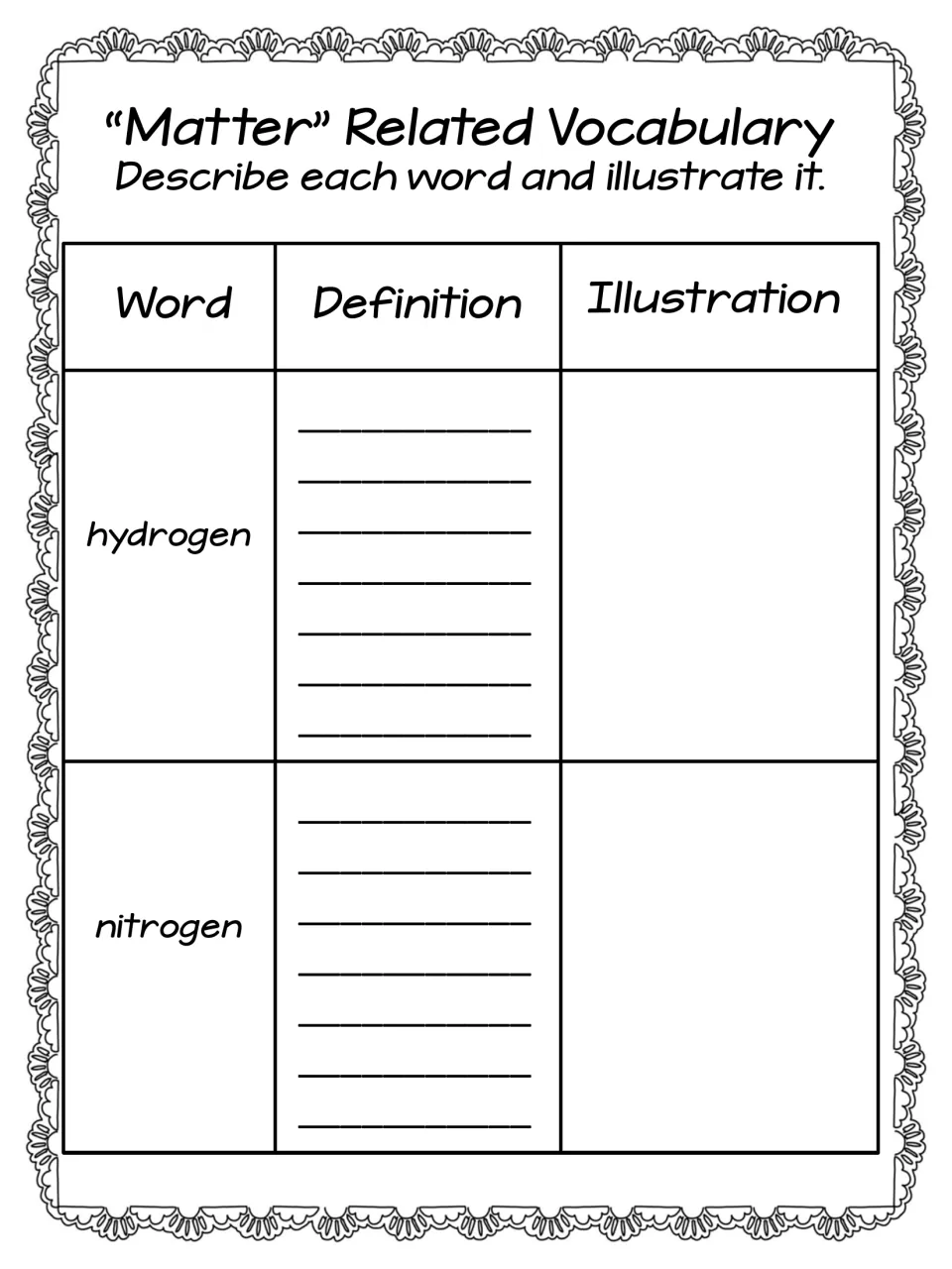 Matter report vocabulary page asks students to describe and illustrate the element names hydrogen and nitrogen