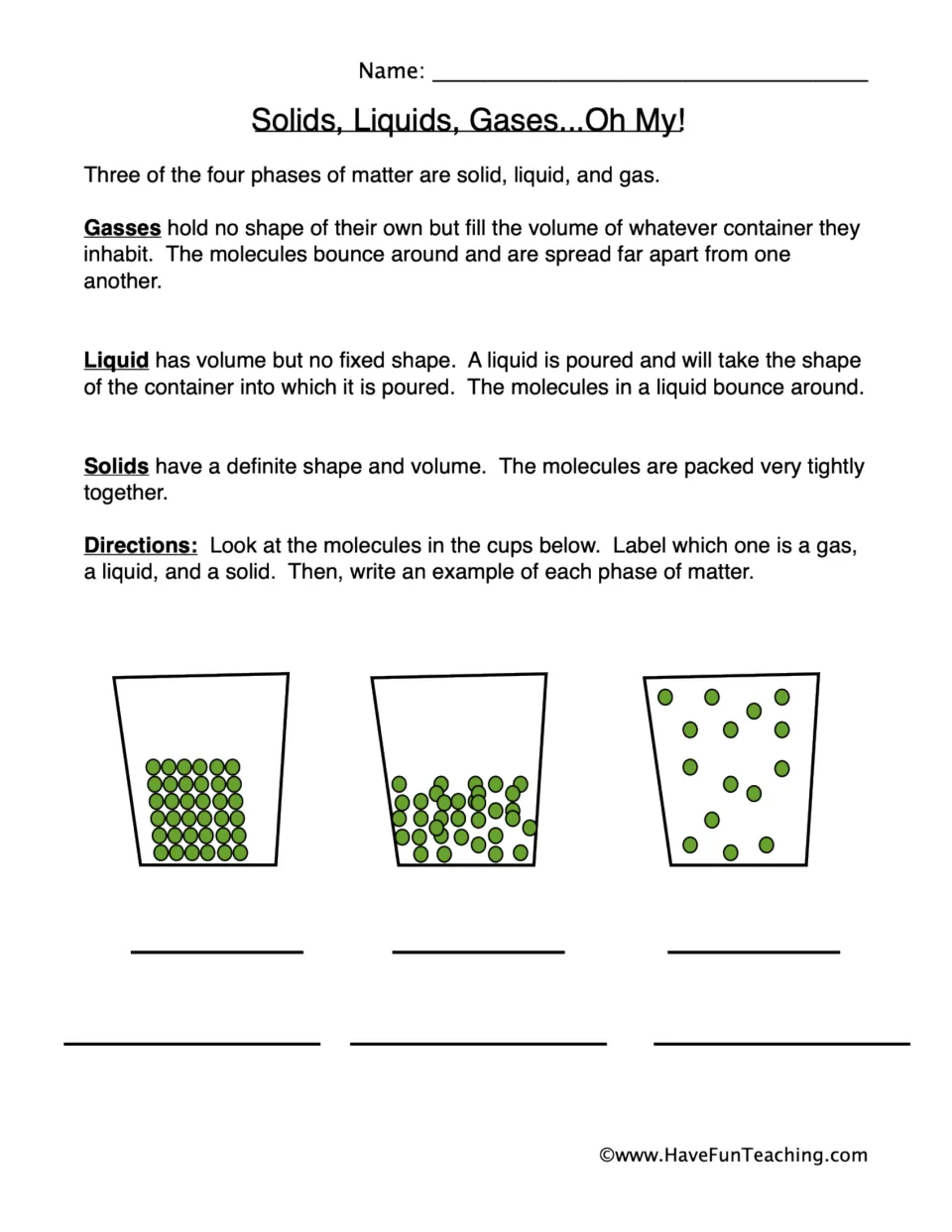 Solids, Liquids, Gases...Oh My!: students read about each state, then label molecule drawings in 3 cups and give examples