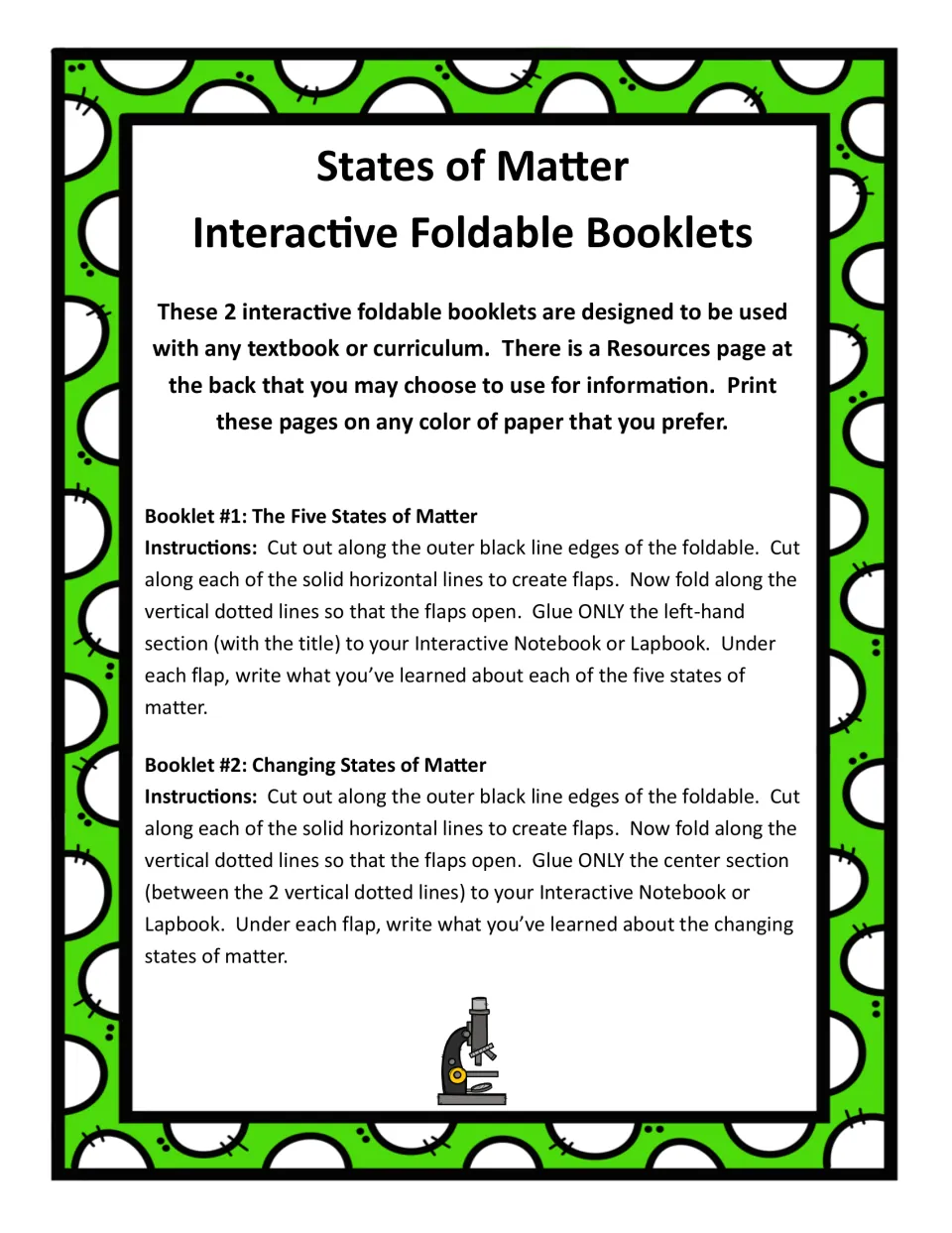 Instructions for cutting, folding, gluing, and writing under the flaps of two matter-themed booklets