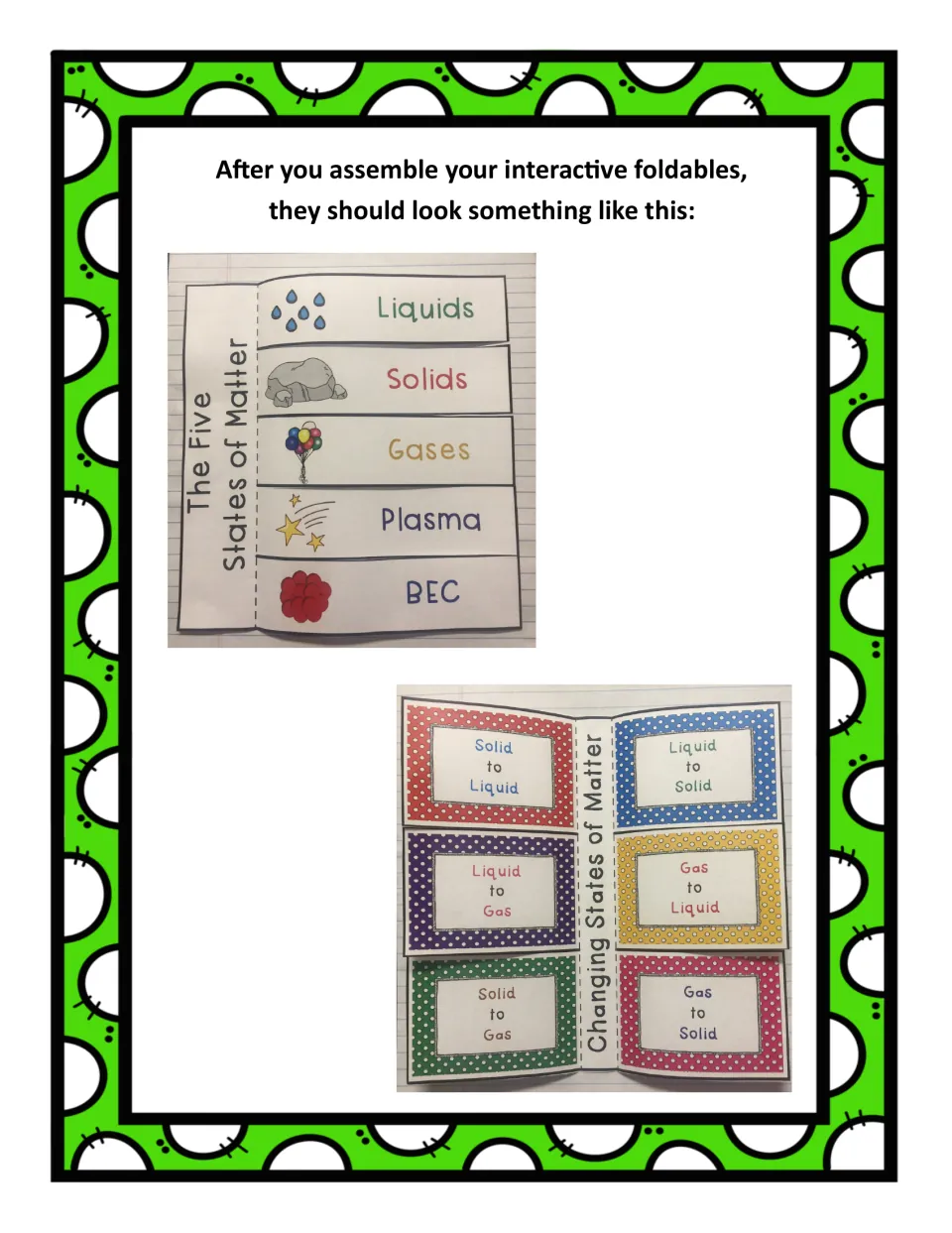 Completed booklet examples show five states of matter flaps and six flaps for changes between states