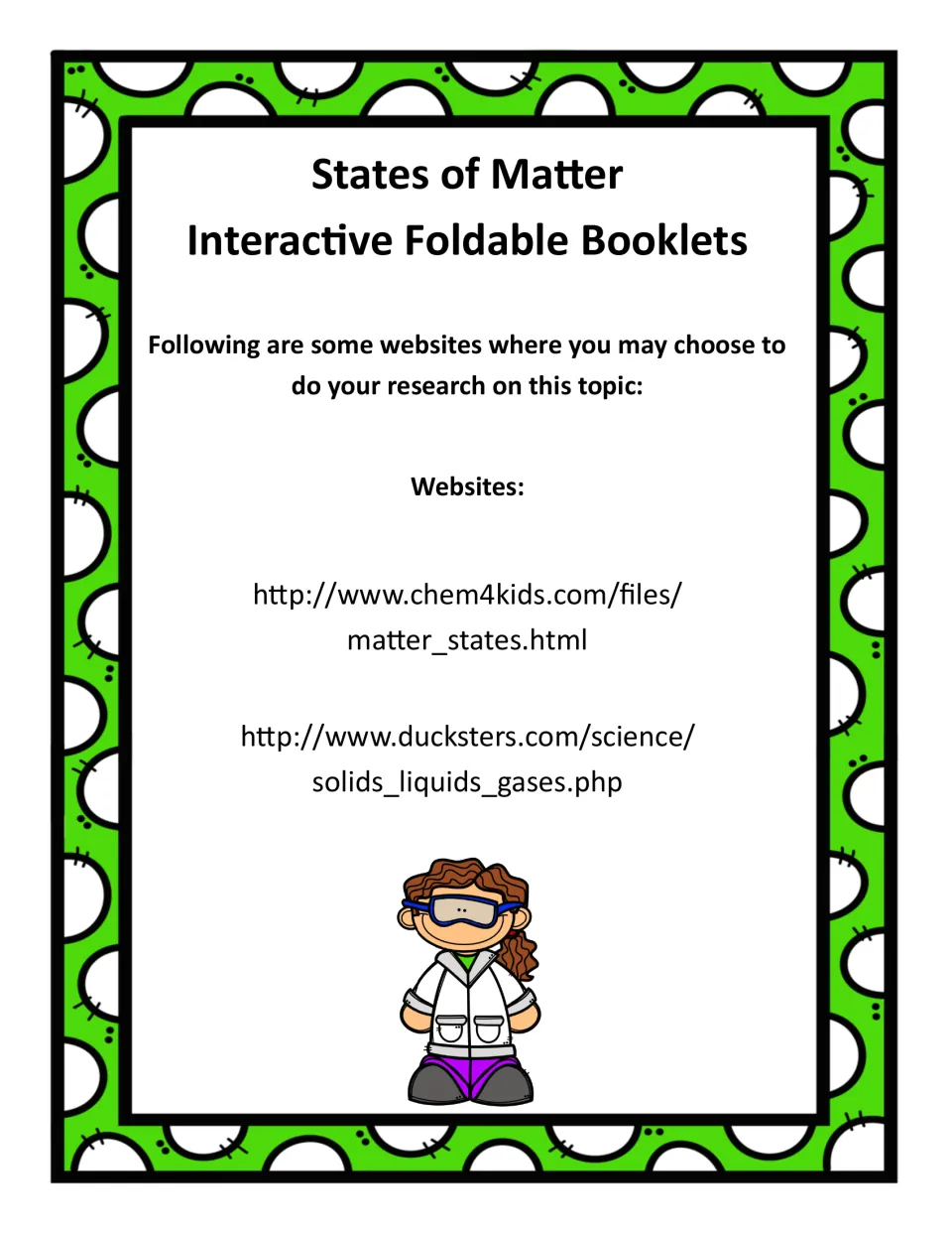 Research reference page lists Chem4Kids and Ducksters websites for learning about the states of matter