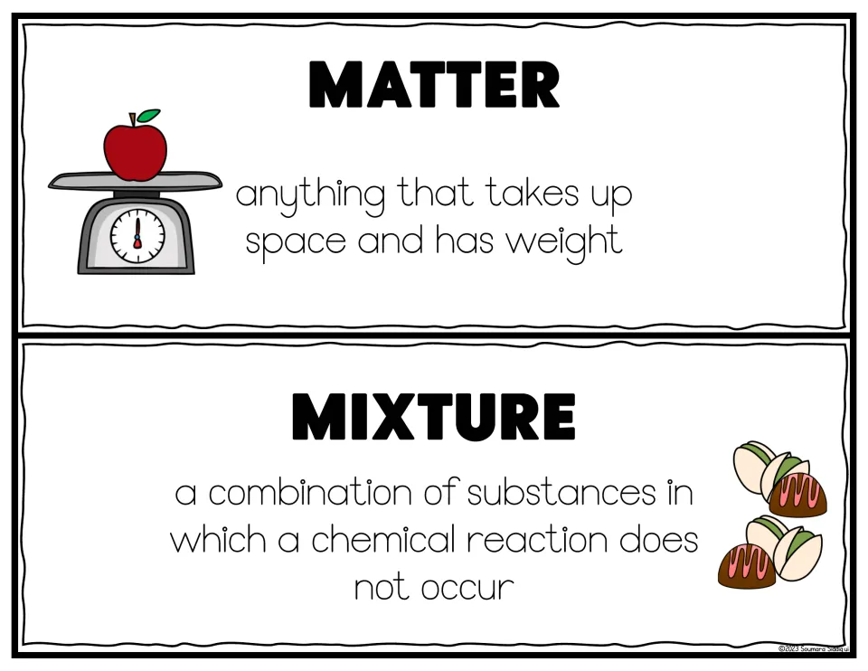Matter and mixture vocabulary cards: anything that takes up space and has weight; substances combined without a reaction