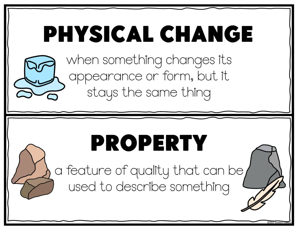 Physical change and property vocabulary cards, defined with a melting ice cube and with rocks and a feather as examples