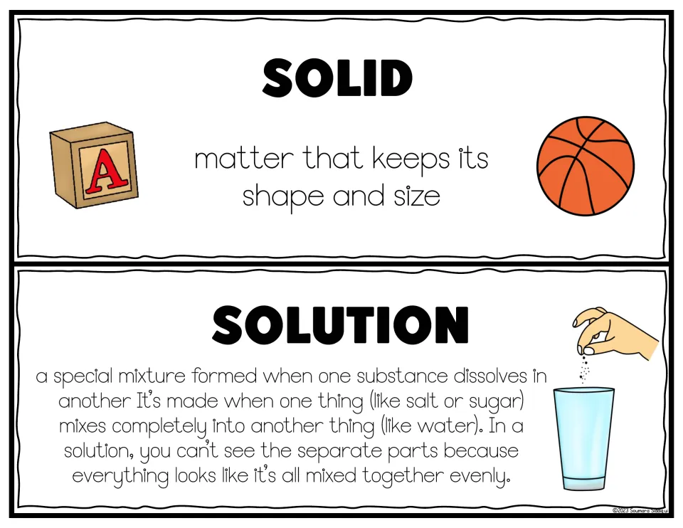 Solid and solution cards: a block and basketball keep their shape; salt or sugar dissolves completely in a glass of water