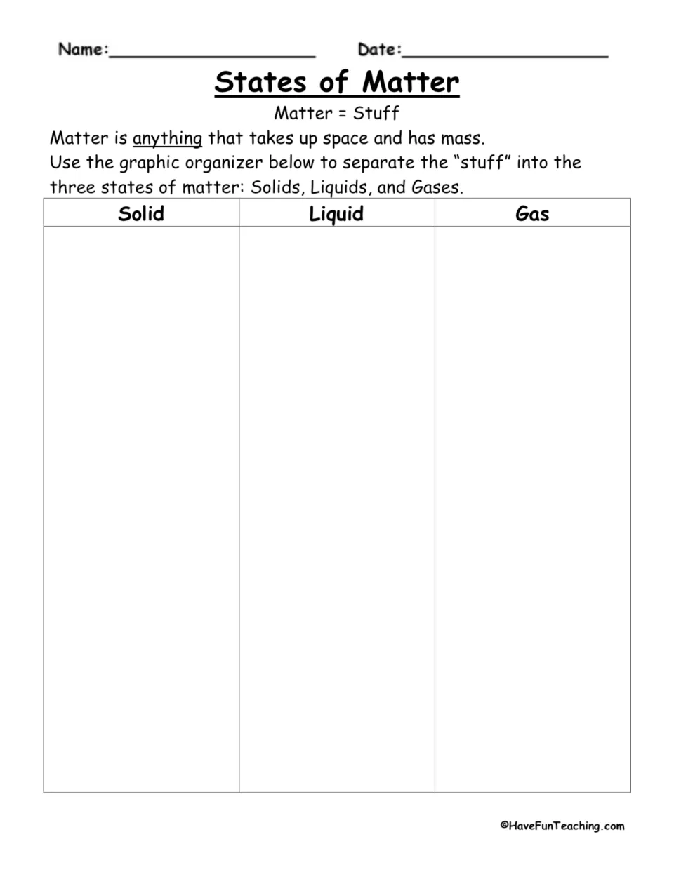 States of Matter worksheet defining matter and asking students to sort items as solids, liquids, and gases.