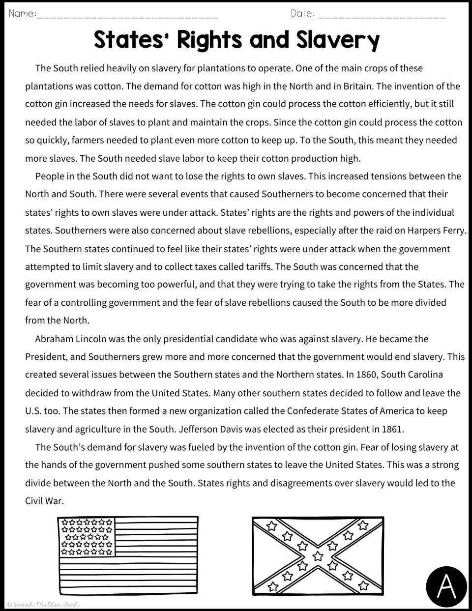 Reading passage A covers cotton production, slavery, states’ rights, and Southern secession before the Civil War