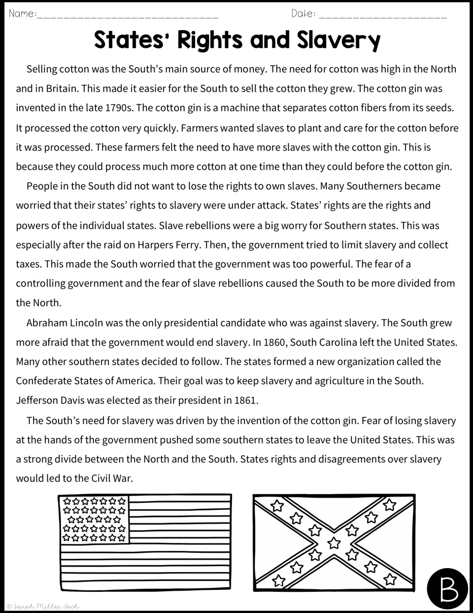 Reading passage B uses simpler text to explain cotton production, slavery, states’ rights, and secession