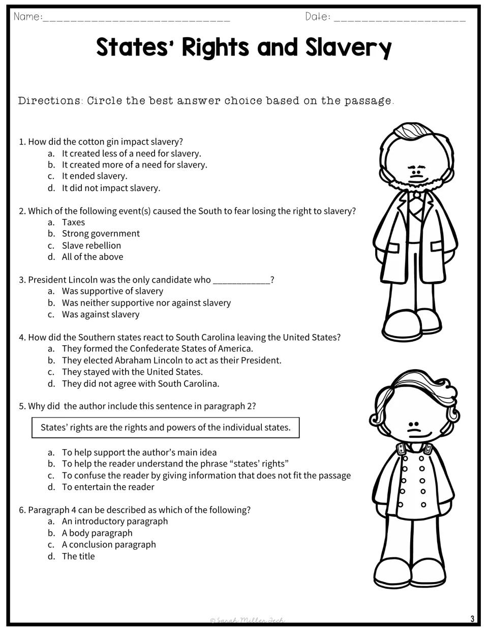 Comprehension questions 1–6 cover the cotton gin, Southern fears, Lincoln, secession, and passage structure