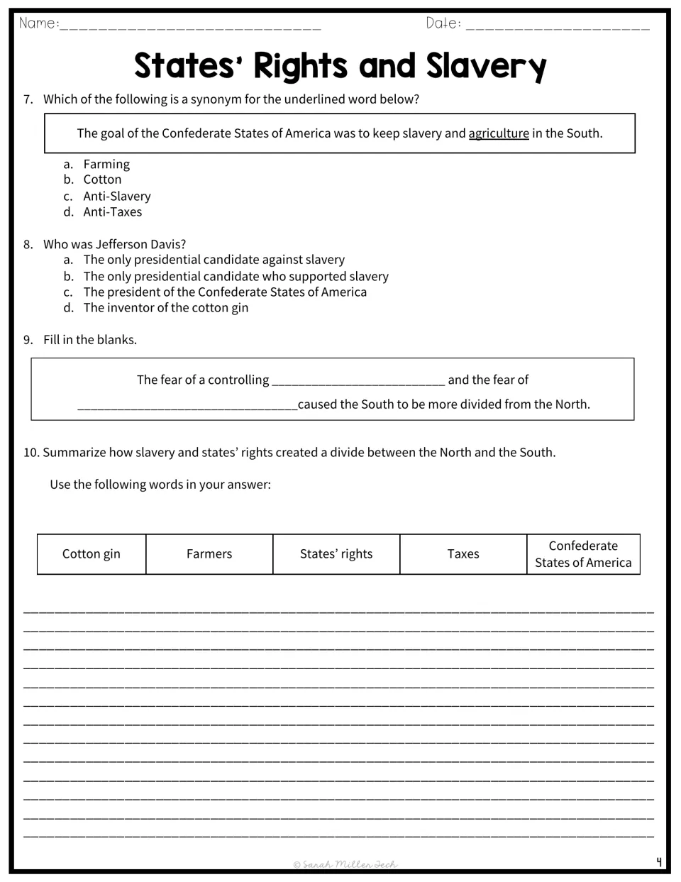 Comprehension questions 7–10 ask about agriculture, Jefferson Davis, Southern fears, and a written summary