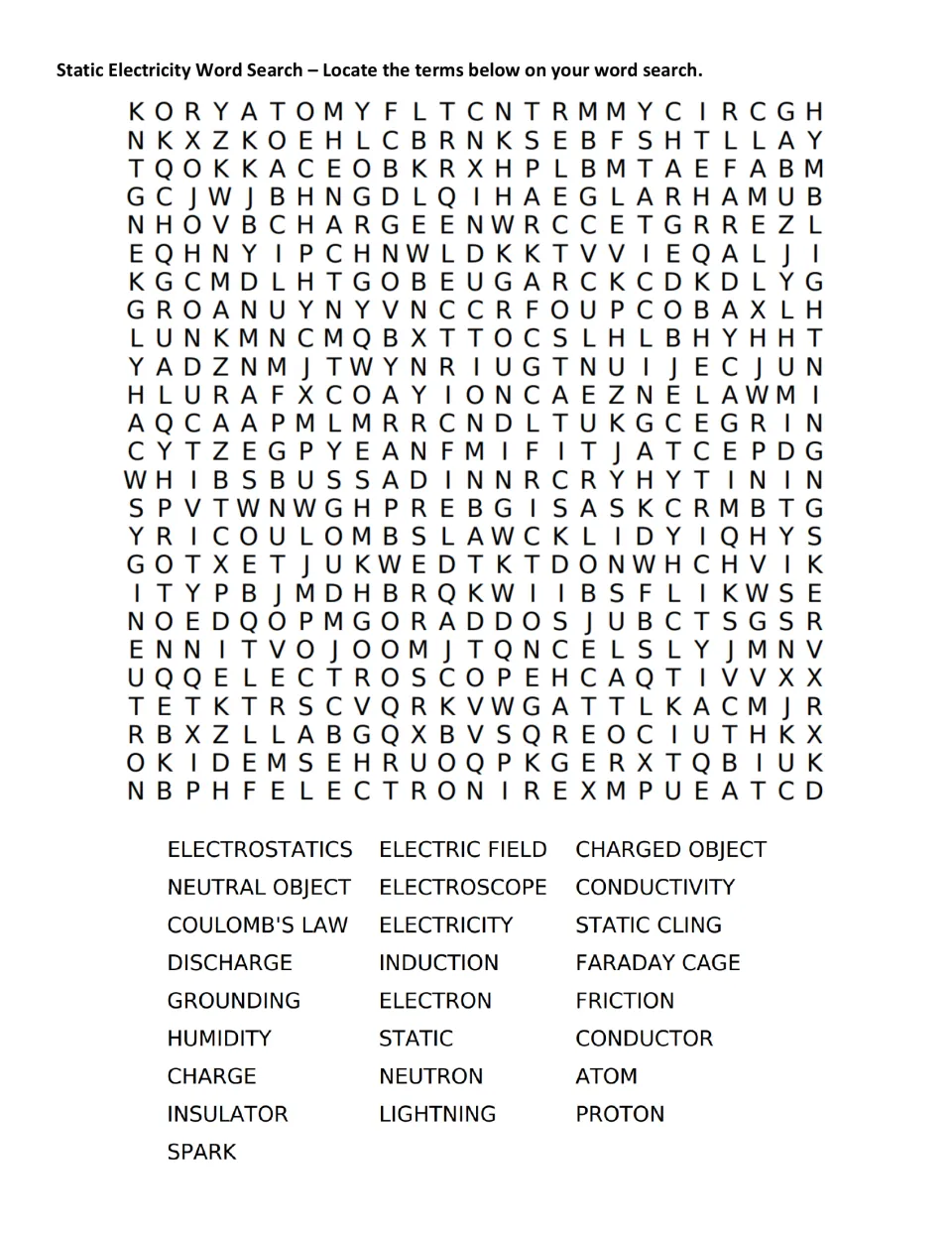 Static electricity word search: students find 25 terms such as electron, induction, Coulomb's law and Faraday cage