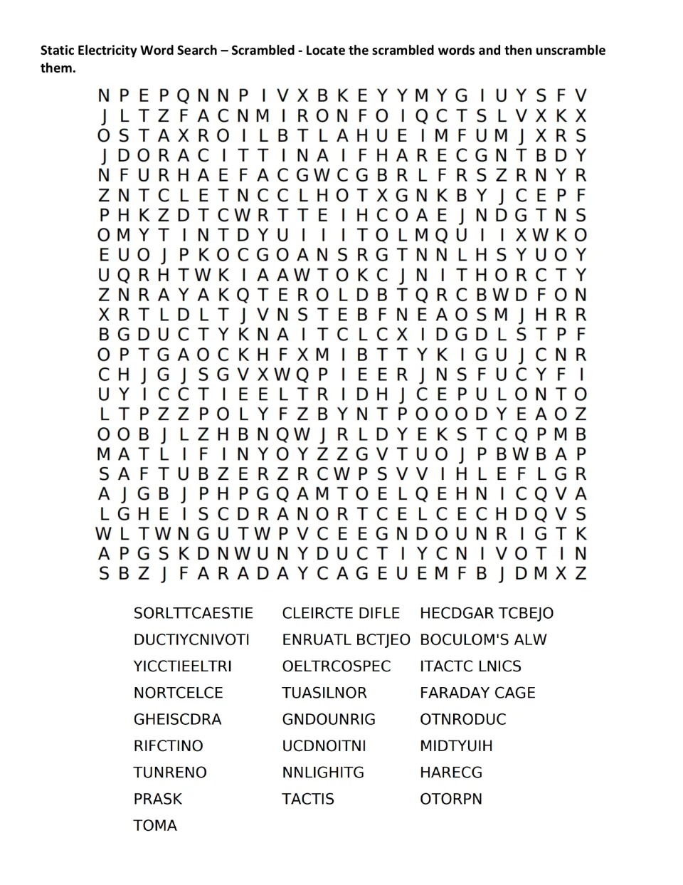Scrambled word search on electrostatics: students find 25 jumbled terms like PRASK and TOMA, then unscramble them