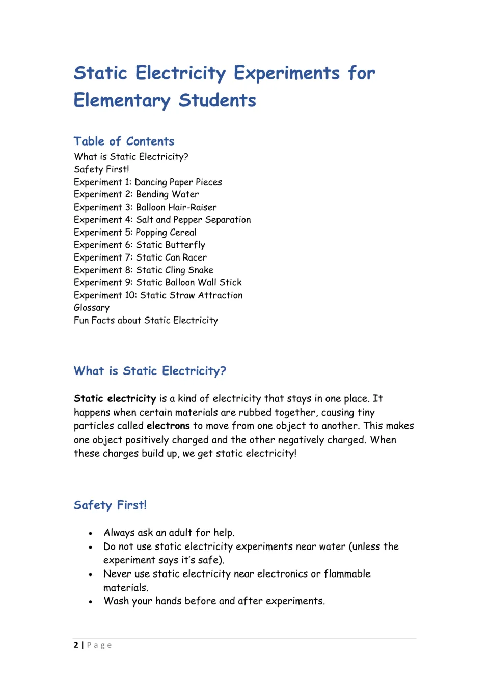 Static electricity intro: table of contents for 10 experiments, a definition of electrons and charge, and 4 safety rules