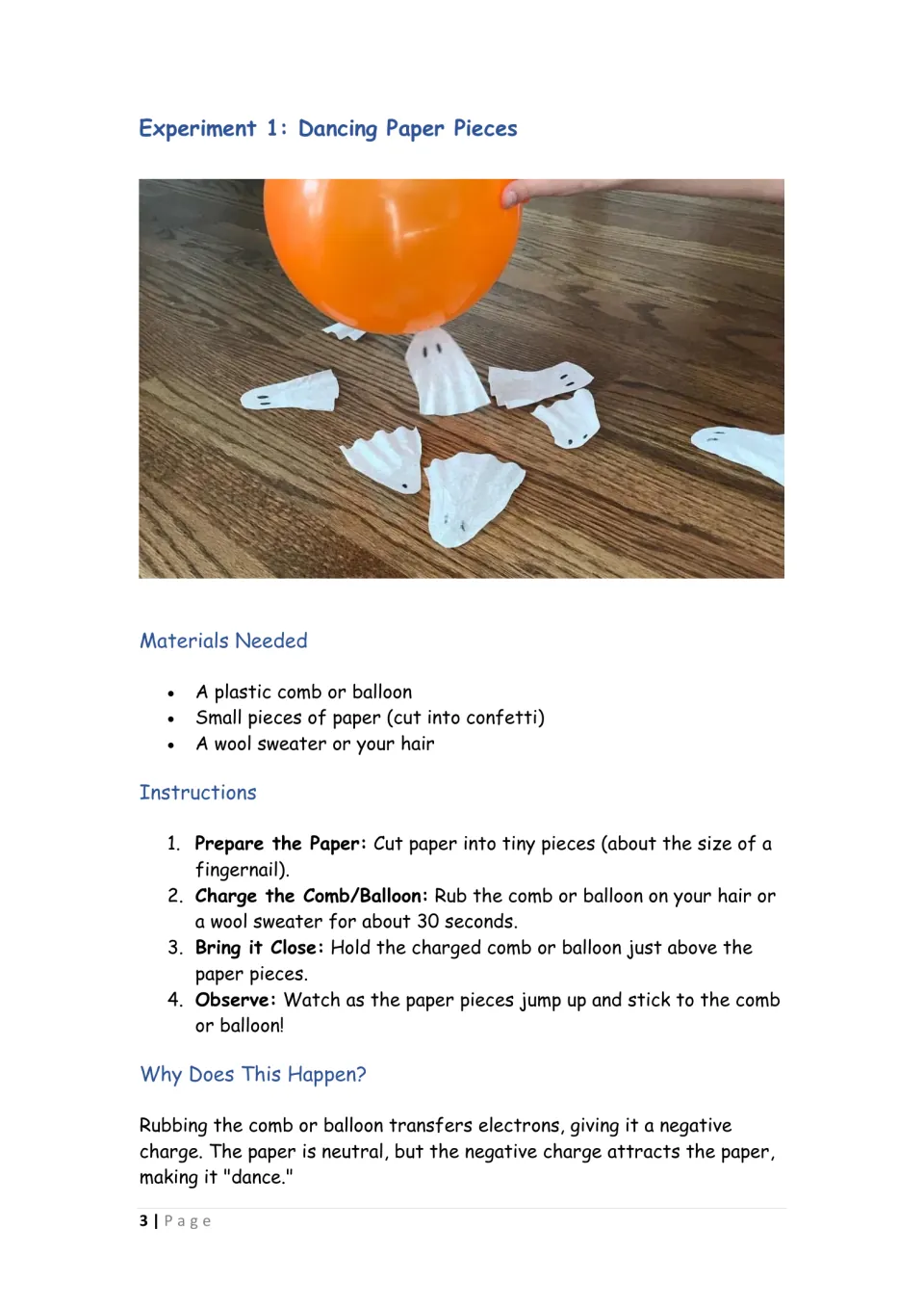 Dancing paper pieces: students charge a comb or balloon on wool and watch paper bits jump up, then read why charges attract