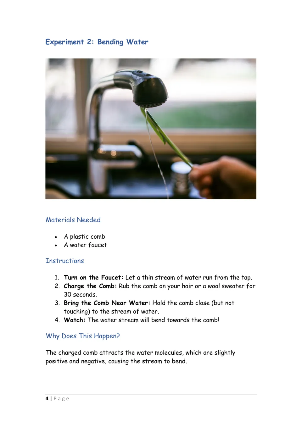 Bending water: students hold a charged comb near a thin faucet stream and observe it bend, with materials and explanation