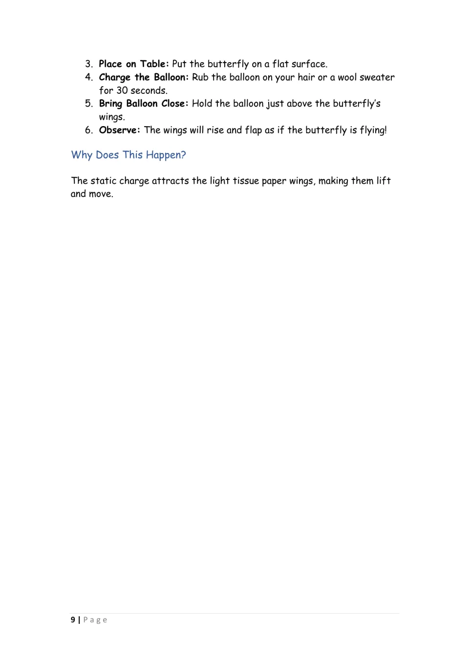 Static butterfly, continued: steps 3 to 6 on charging a balloon to lift the tissue wings, plus why the wings move