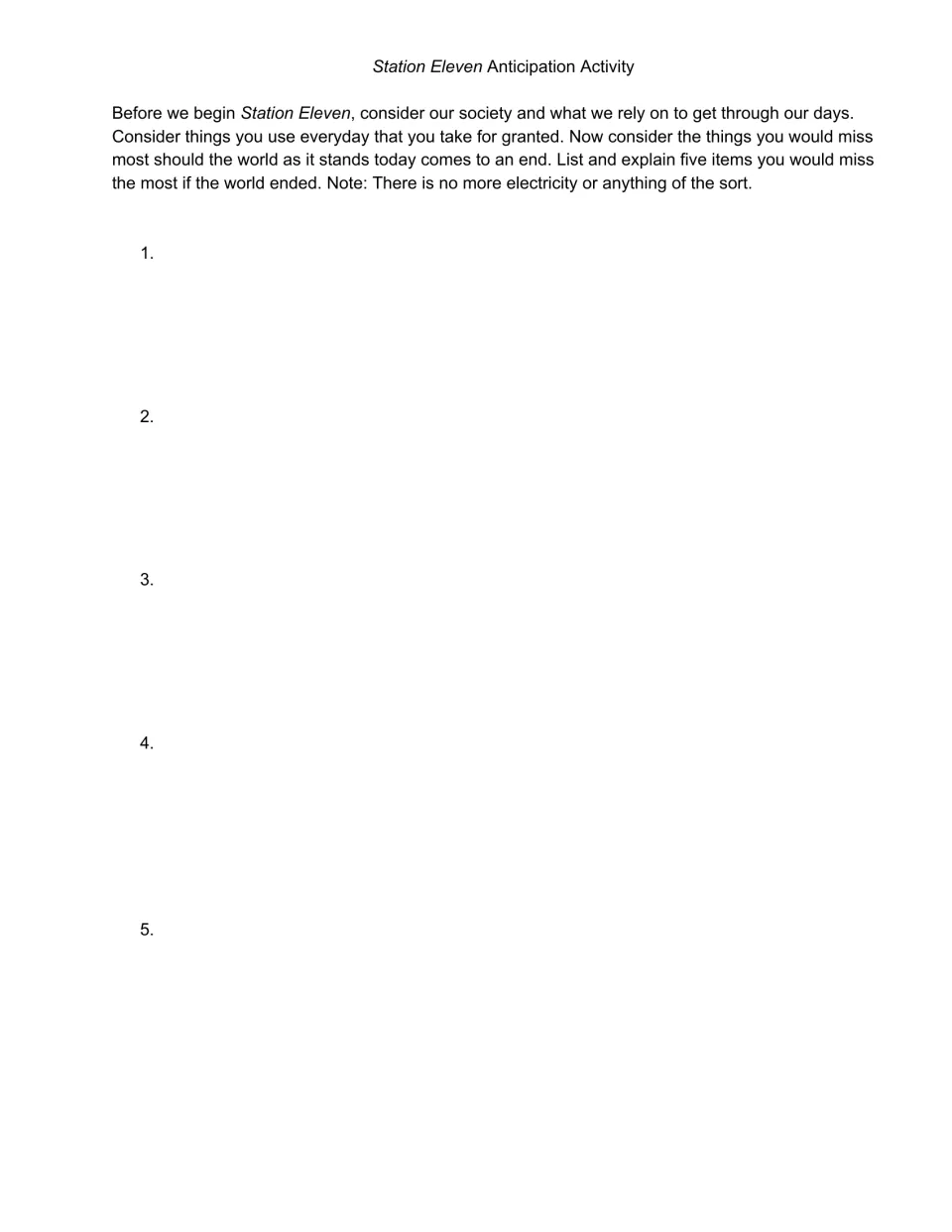 Pre-reading anticipation activity asks students to list and explain five things they would miss if the world ended.